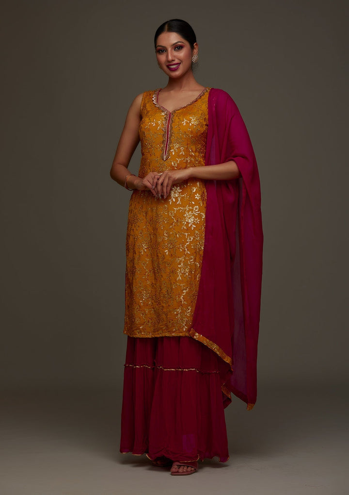 Mustard Sequins Semi Crepe Designer Salwar Suit - Koskii