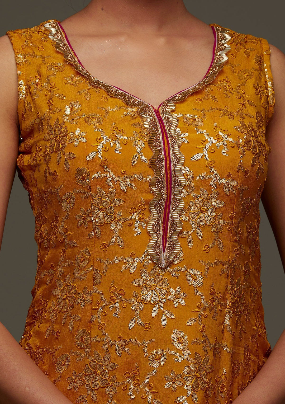 Mustard Sequins Semi Crepe Designer Salwar Suit - Koskii
