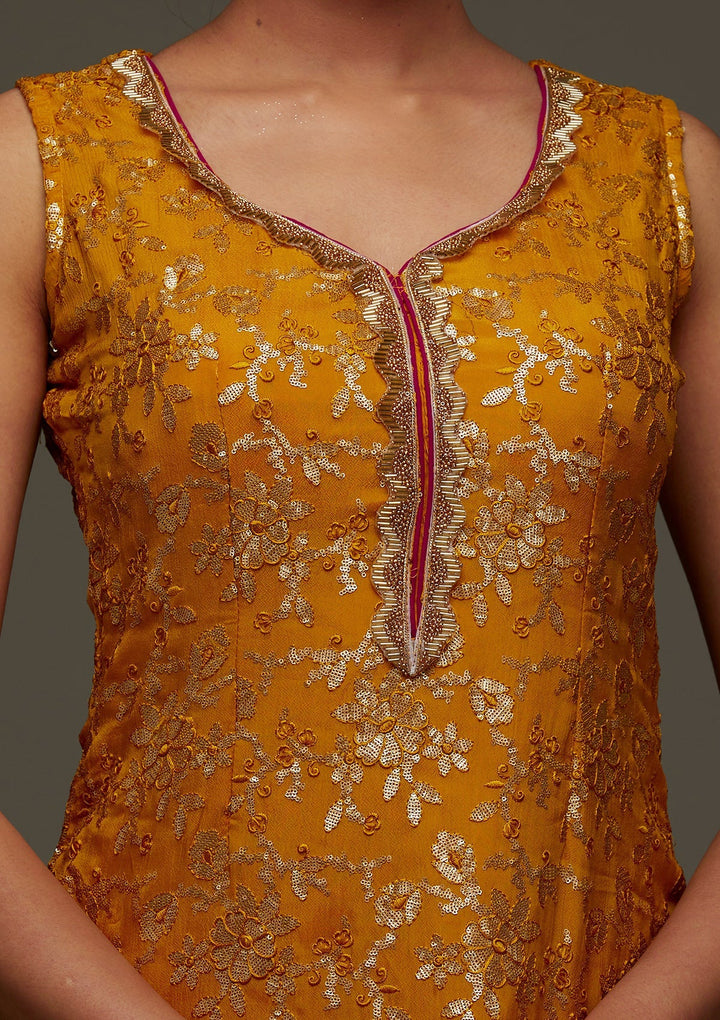 Mustard Sequins Semi Crepe Designer Salwar Suit - Koskii