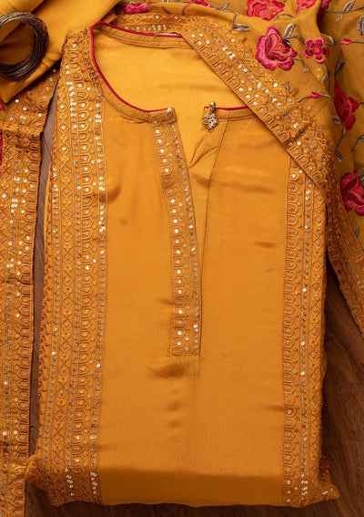 Mustard Sequins Semi Crepe Designer Semi-Stitched Salwar Suit - koskii