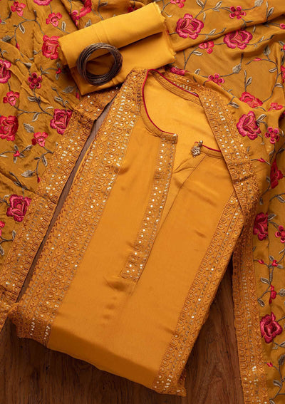 Mustard Sequins Semi Crepe Designer Semi-Stitched Salwar Suit - koskii