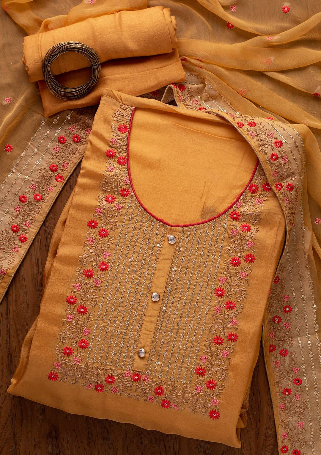 Mustard Sequins Semi Crepe Designer Unstitched Salwar Suit - koskii