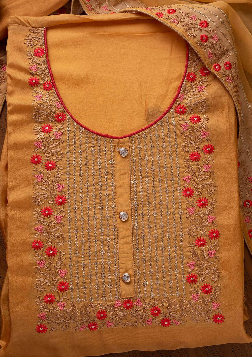 Mustard Sequins Semi Crepe Designer Unstitched Salwar Suit - koskii