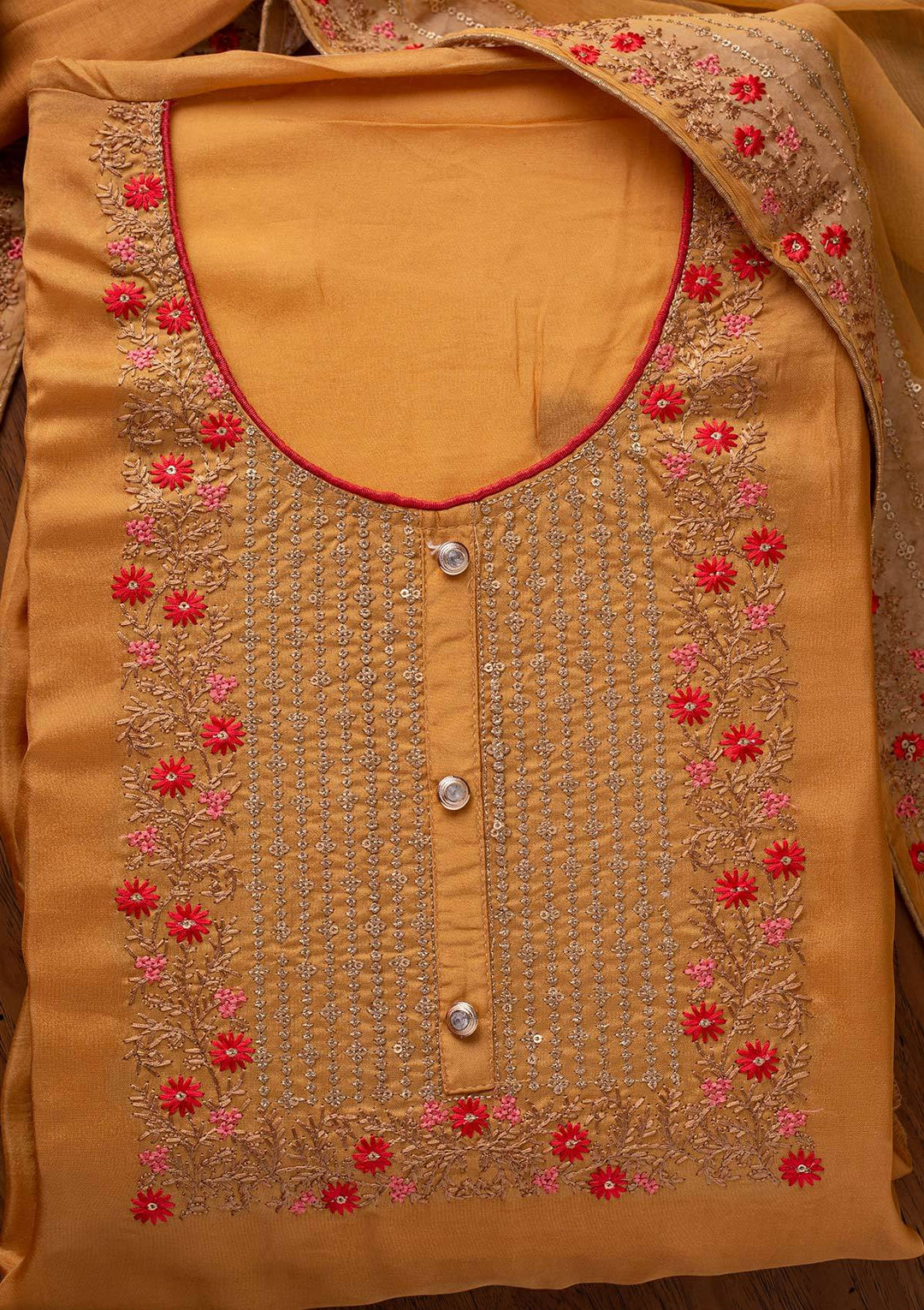 Mustard Sequins Semi Crepe Designer Unstitched Salwar Suit - koskii