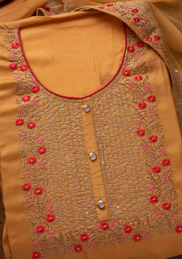 Mustard Sequins Semi Crepe Designer Unstitched Salwar Suit - koskii