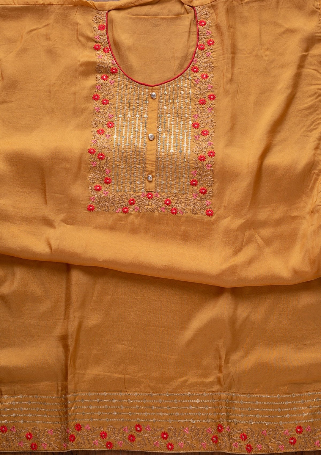 Mustard Sequins Semi Crepe Designer Unstitched Salwar Suit - koskii