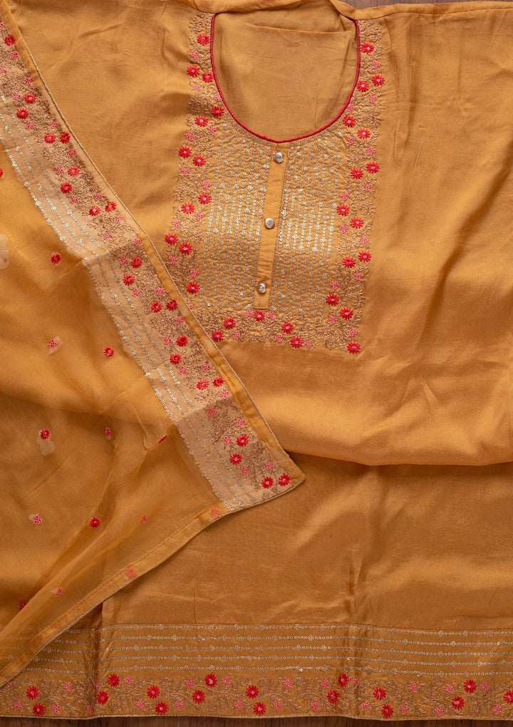 Mustard Sequins Semi Crepe Designer Unstitched Salwar Suit - koskii