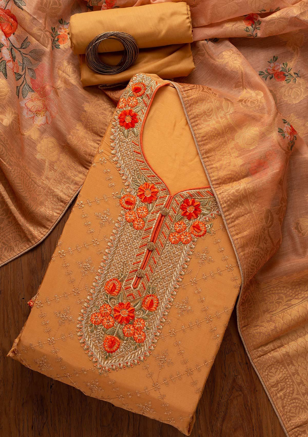 Mustard Sequins Semi Crepe Designer Unstitched Salwar Suit - koskii