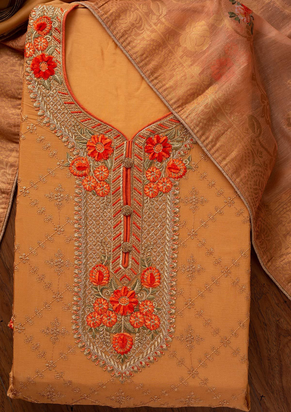 Mustard Sequins Semi Crepe Designer Unstitched Salwar Suit - koskii