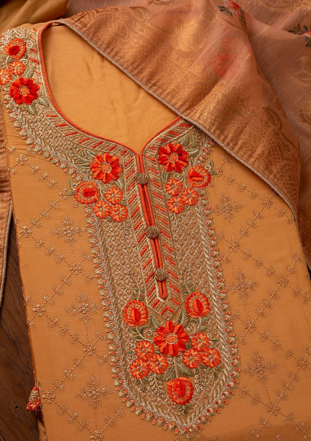Mustard Sequins Semi Crepe Designer Unstitched Salwar Suit - koskii