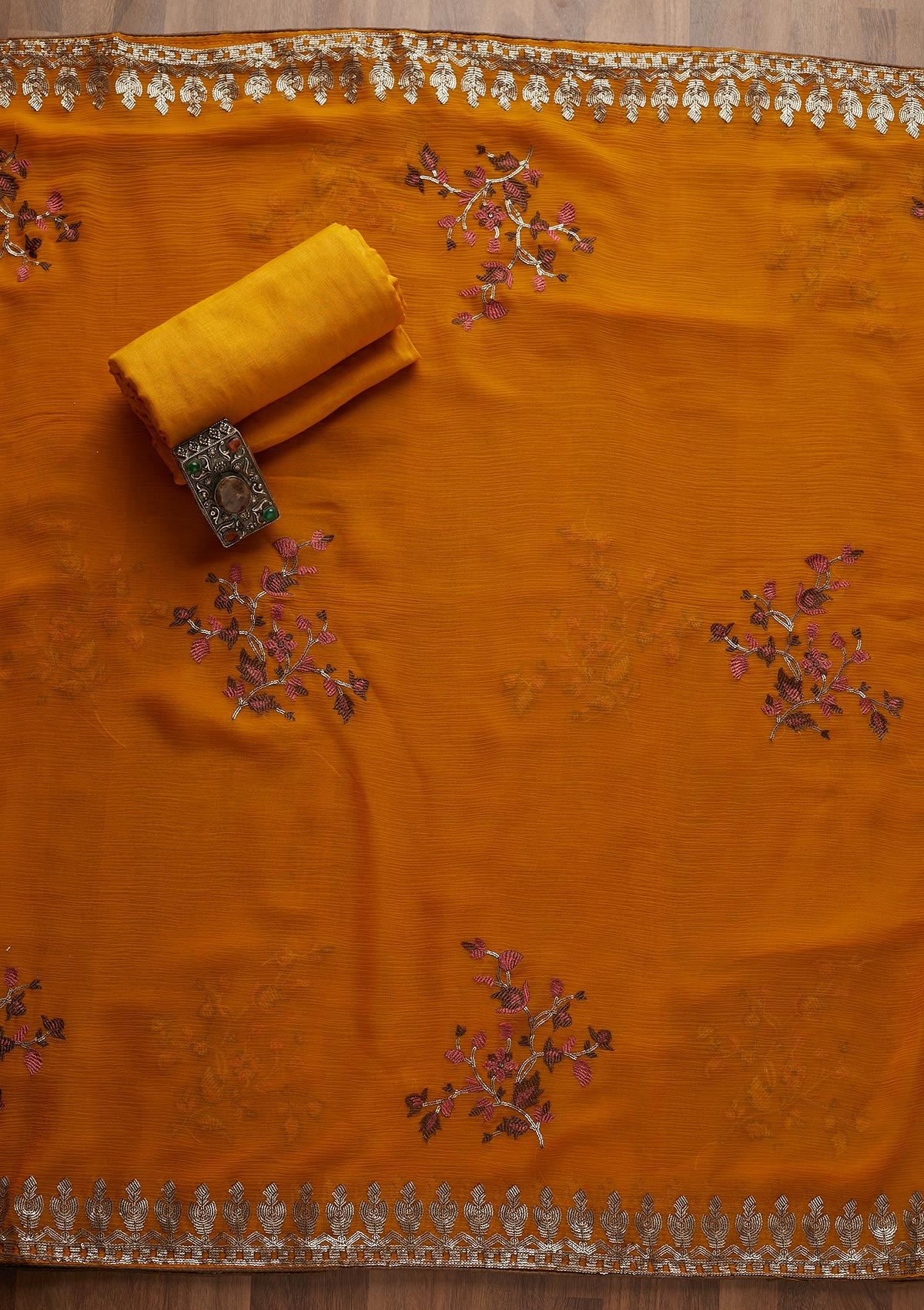 Mustard Sequins Semi Crepe  Unstitched Salwar Suit - Koskii