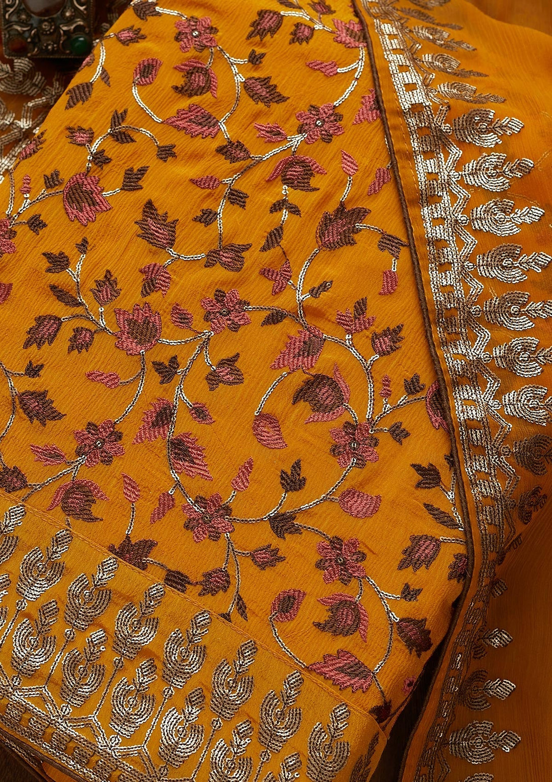 Mustard Sequins Semi Crepe  Unstitched Salwar Suit - Koskii