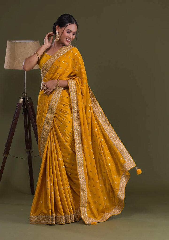 Mustard Sequins Semi Crepe Saree-Koskii