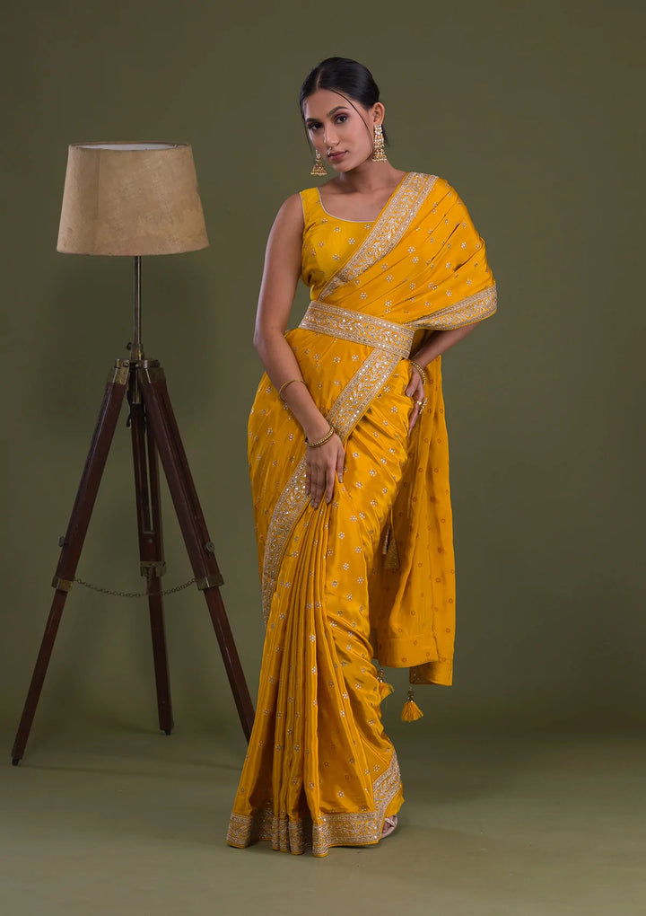 Mustard Sequins Semi Crepe Saree-Koskii