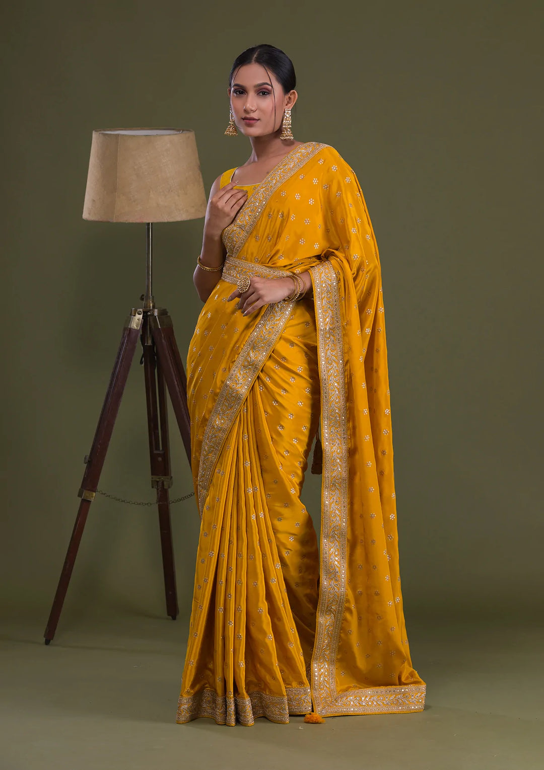 Mustard Sequins Semi Crepe Saree-Koskii