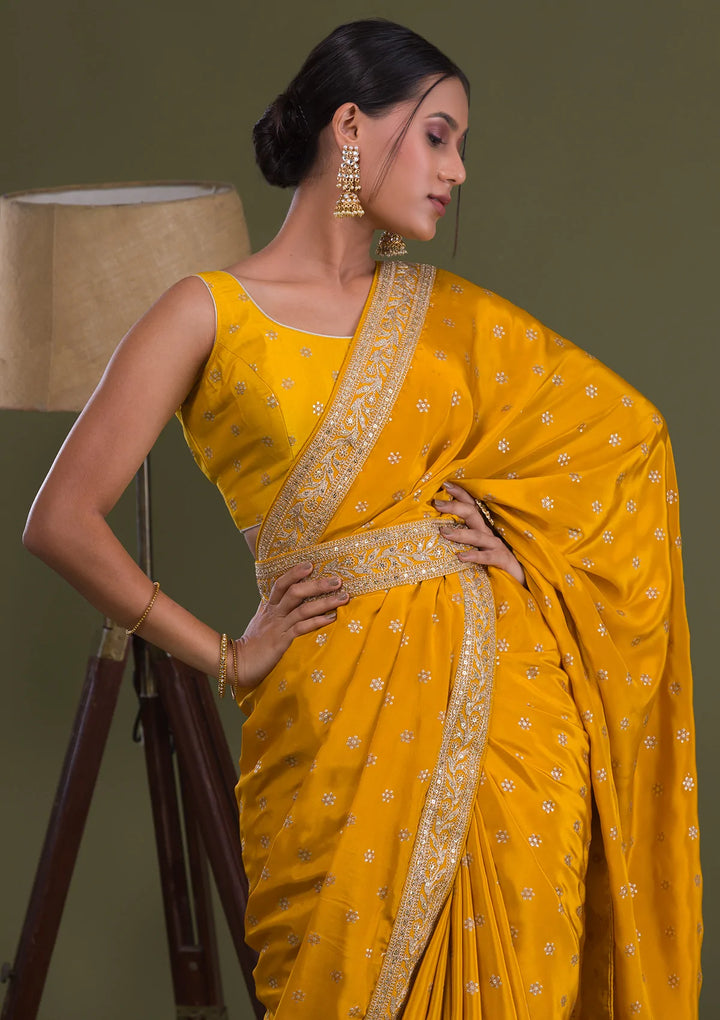 Mustard Sequins Semi Crepe Saree-Koskii