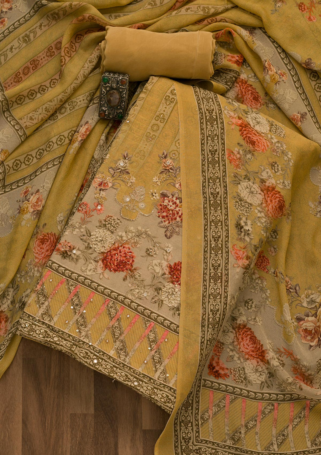 Mustard Zari Work Tissue Unstitched Salwar Kameez-Koskii