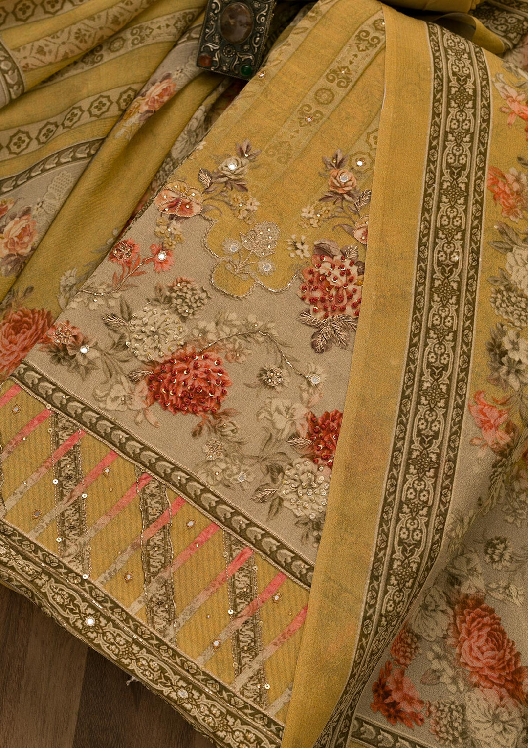 Mustard Zari Work Tissue Unstitched Salwar Kameez-Koskii