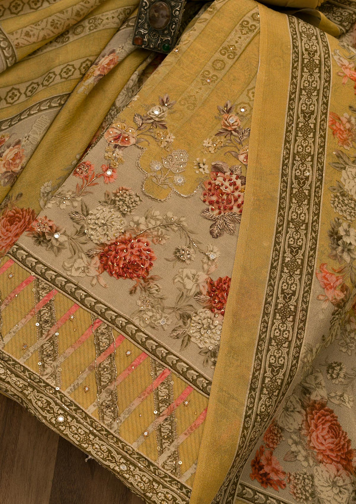 Mustard Zari Work Tissue Unstitched Salwar Kameez-Koskii