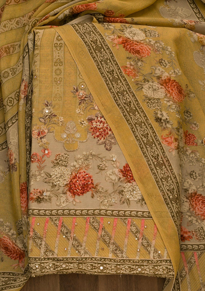 Mustard Zari Work Tissue Unstitched Salwar Kameez-Koskii