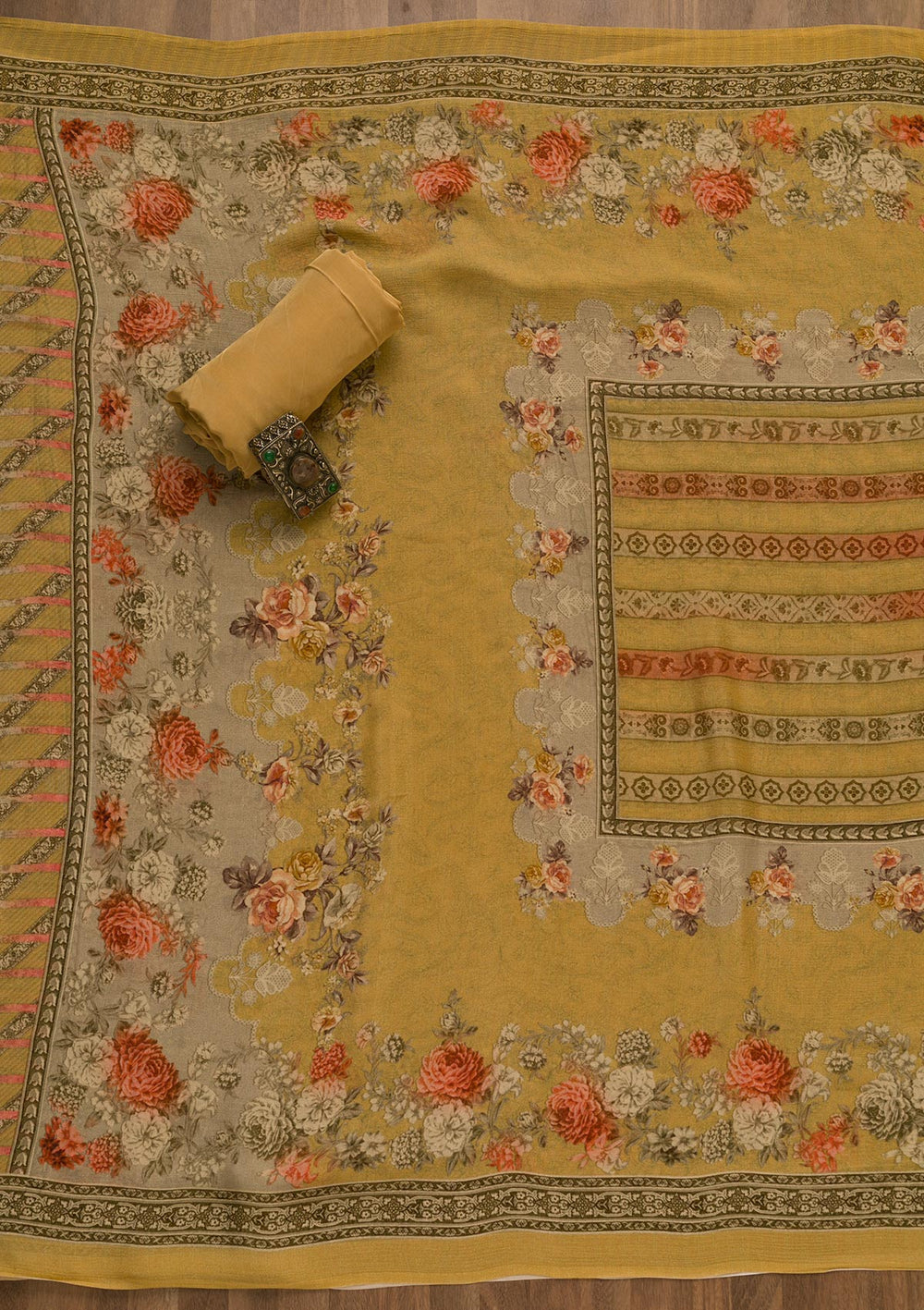 Mustard Zari Work Tissue Unstitched Salwar Kameez-Koskii