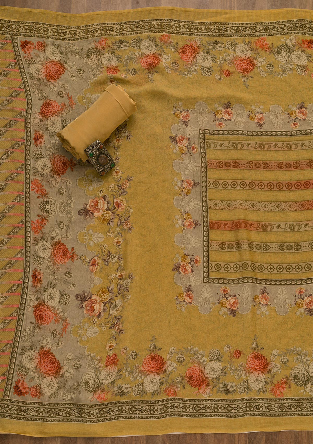 Mustard Zari Work Tissue Unstitched Salwar Kameez-Koskii