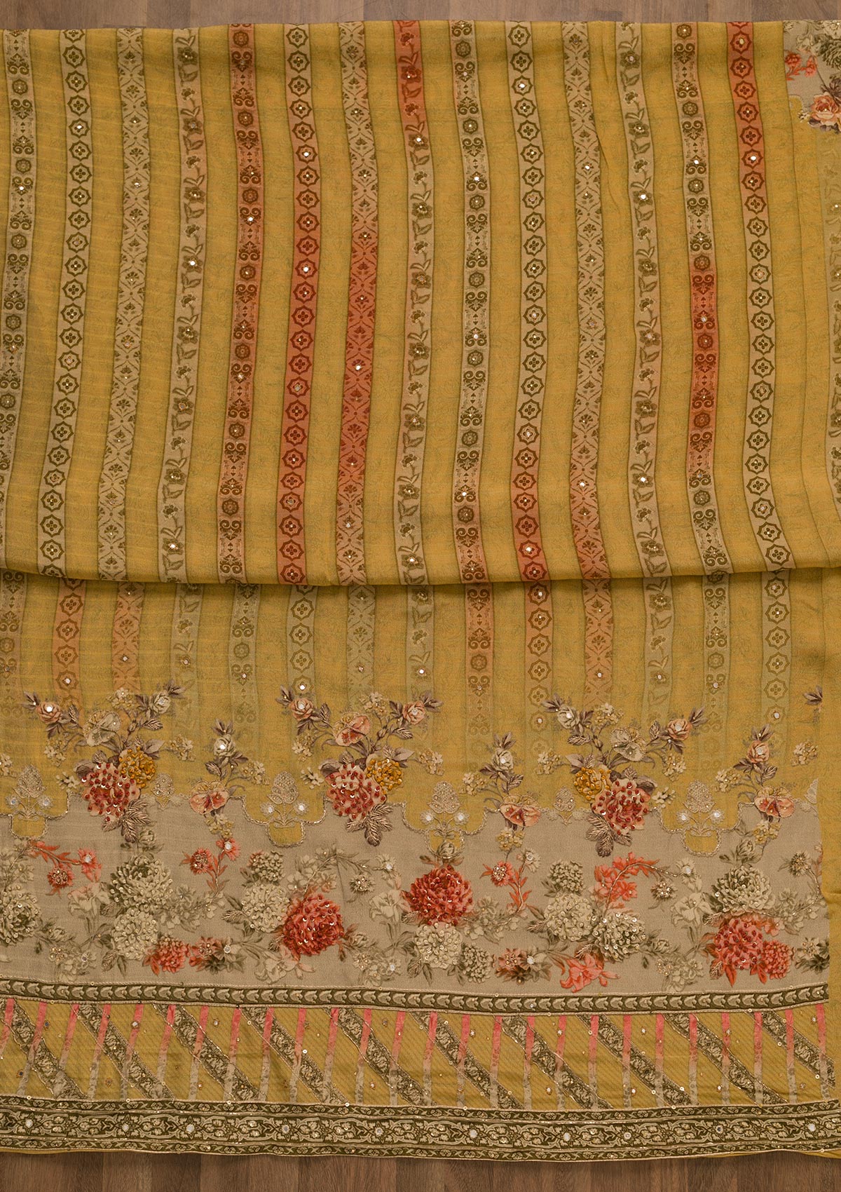 Mustard Zari Work Tissue Unstitched Salwar Kameez-Koskii