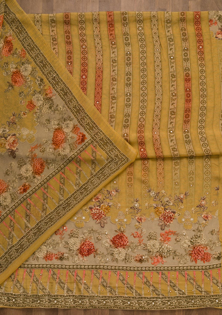 Mustard Zari Work Tissue Unstitched Salwar Kameez-Koskii