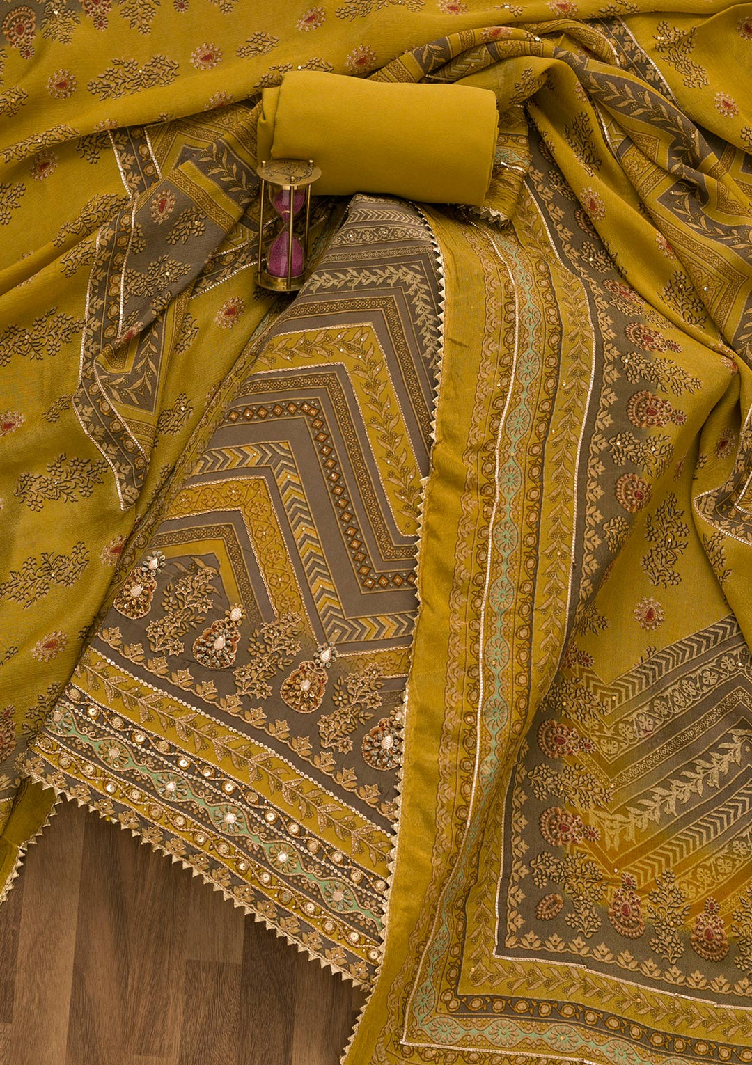 Mustard Zari Work Tissue Unstitched Salwar Kameez-Koskii