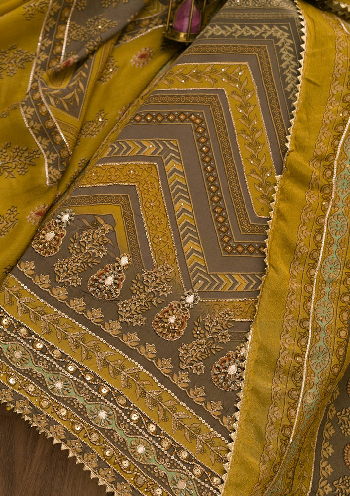 Mustard Zari Work Tissue Unstitched Salwar Kameez-Koskii