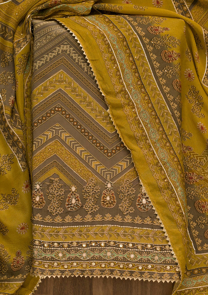 Mustard Zari Work Tissue Unstitched Salwar Kameez-Koskii