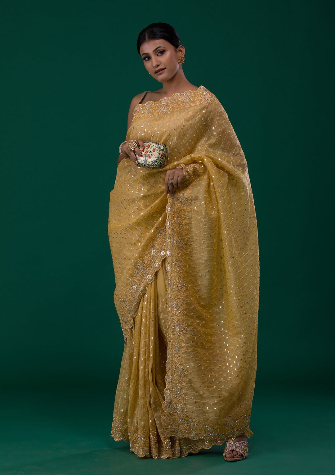 Mustard Silver Stonework Georgette Saree-Koskii