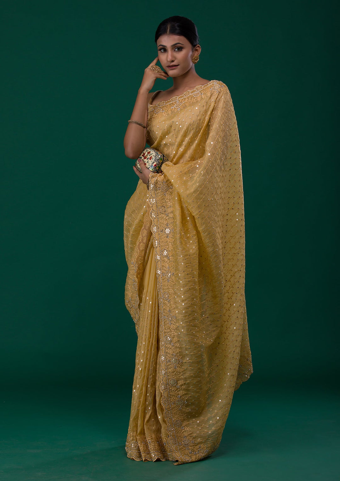 Mustard Silver Stonework Georgette Saree-Koskii