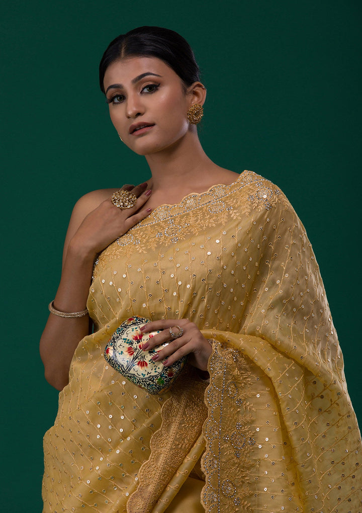 Mustard Silver Stonework Georgette Saree-Koskii