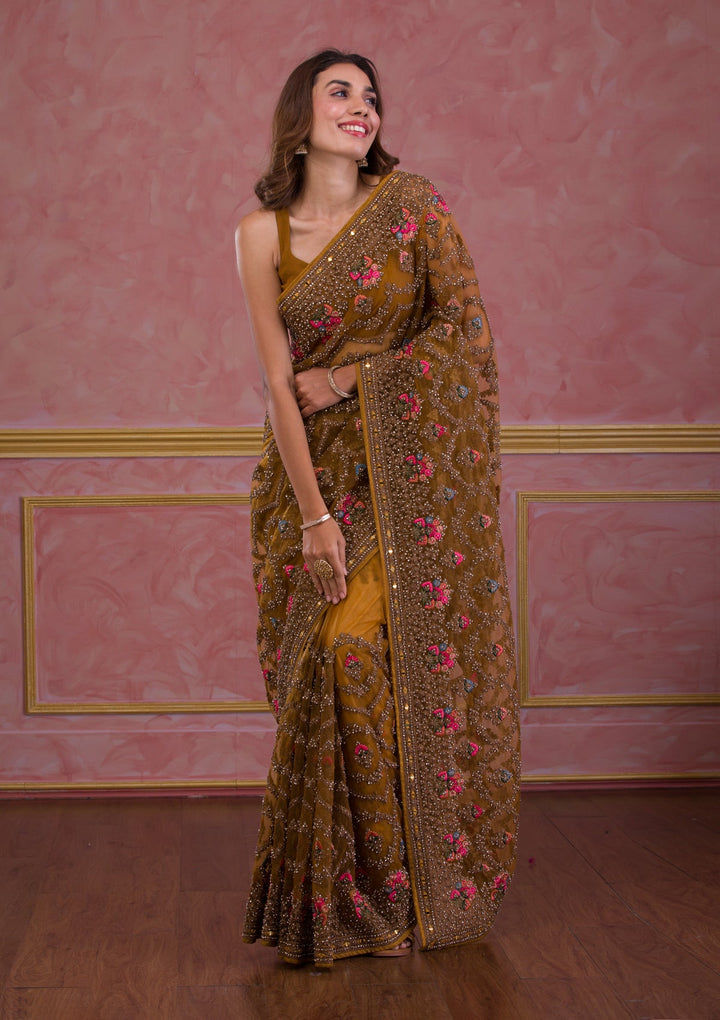 Mustard Stonework Net Saree-Koskii