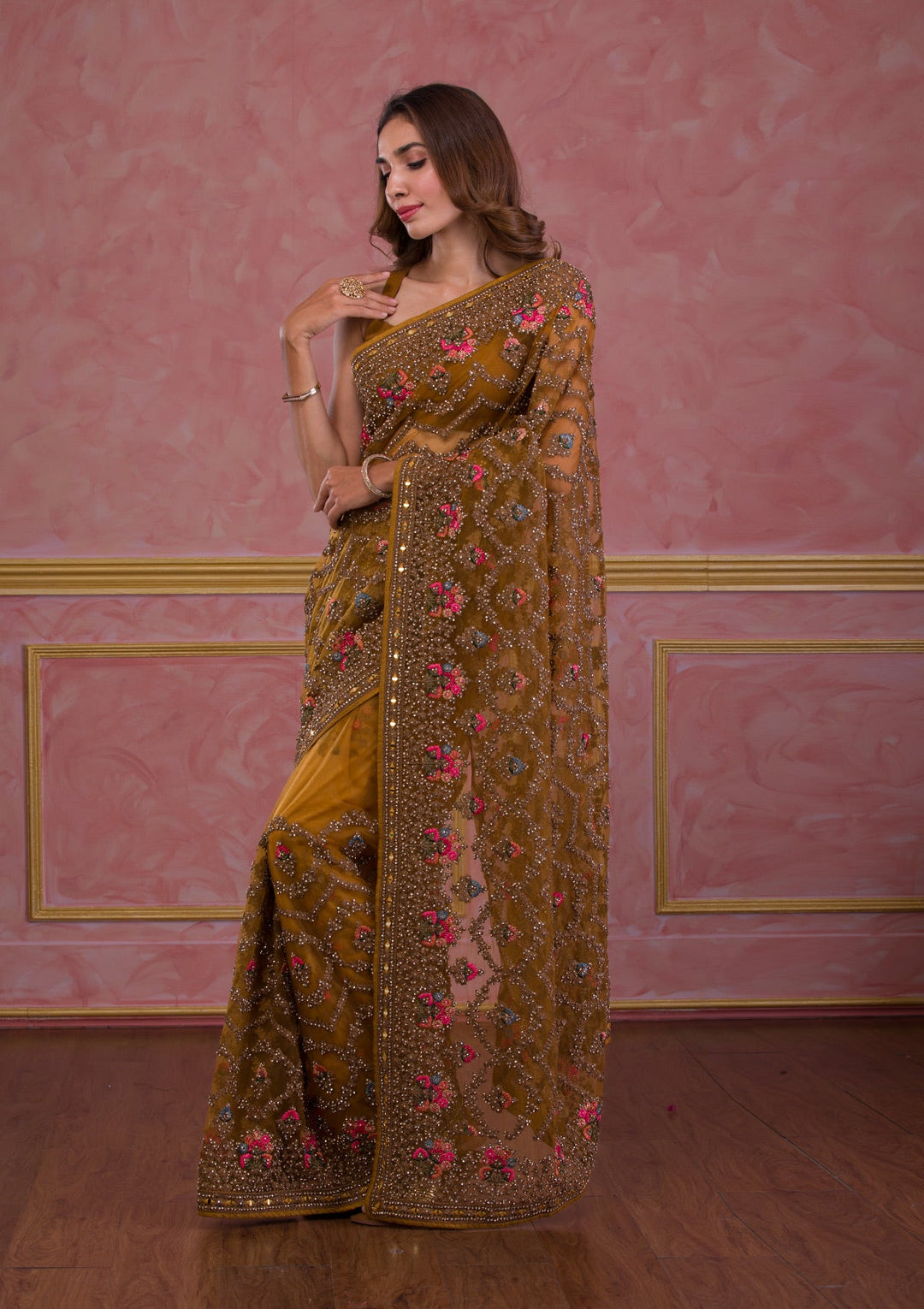 Mustard Stonework Net Saree-Koskii