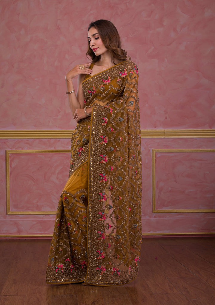 Mustard Stonework Net Saree-Koskii