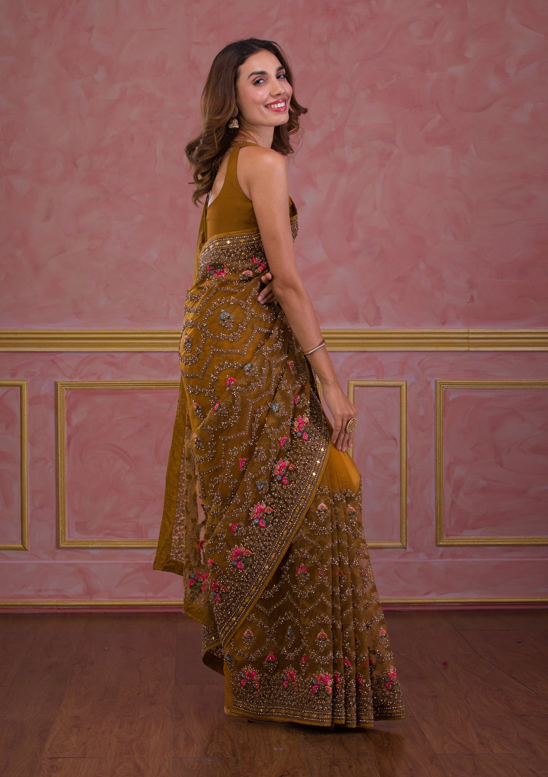 Mustard Stonework Net Saree-Koskii