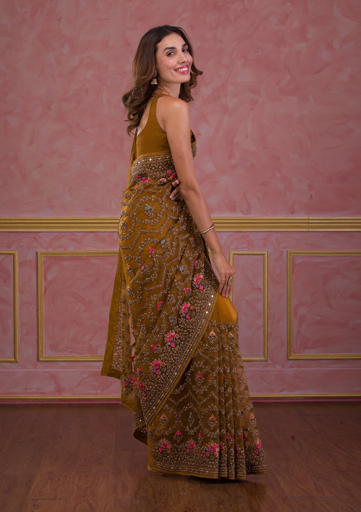 Mustard Stonework Net Saree-Koskii