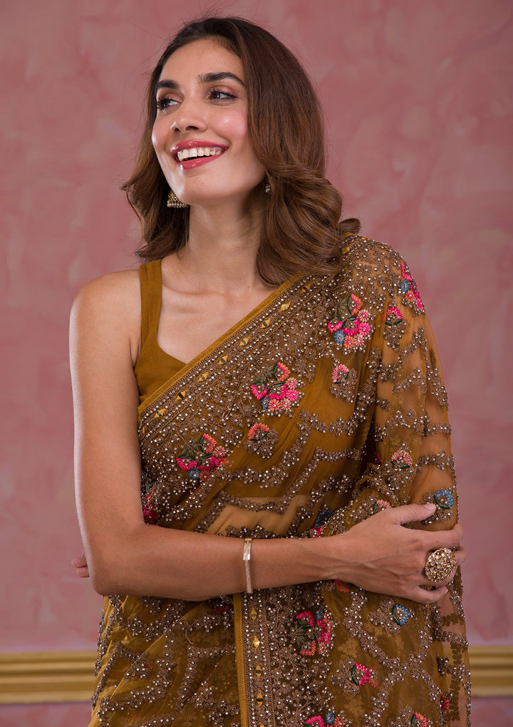 Mustard Stonework Net Saree-Koskii