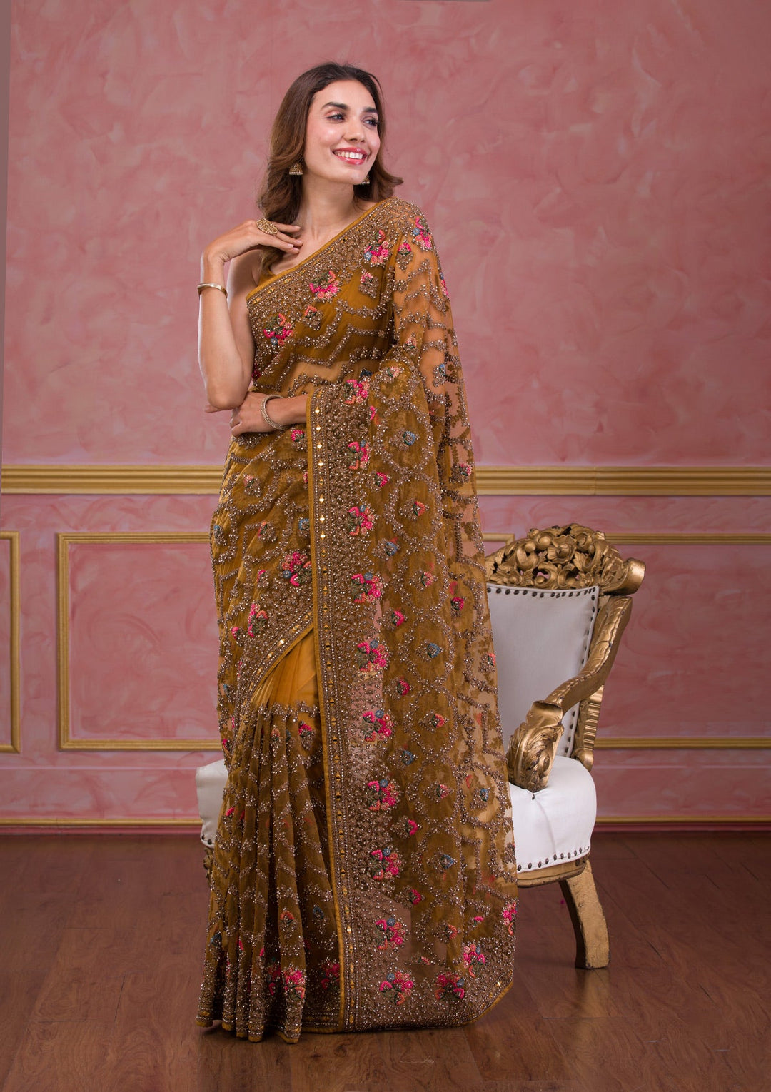Mustard Stonework Net Saree-Koskii