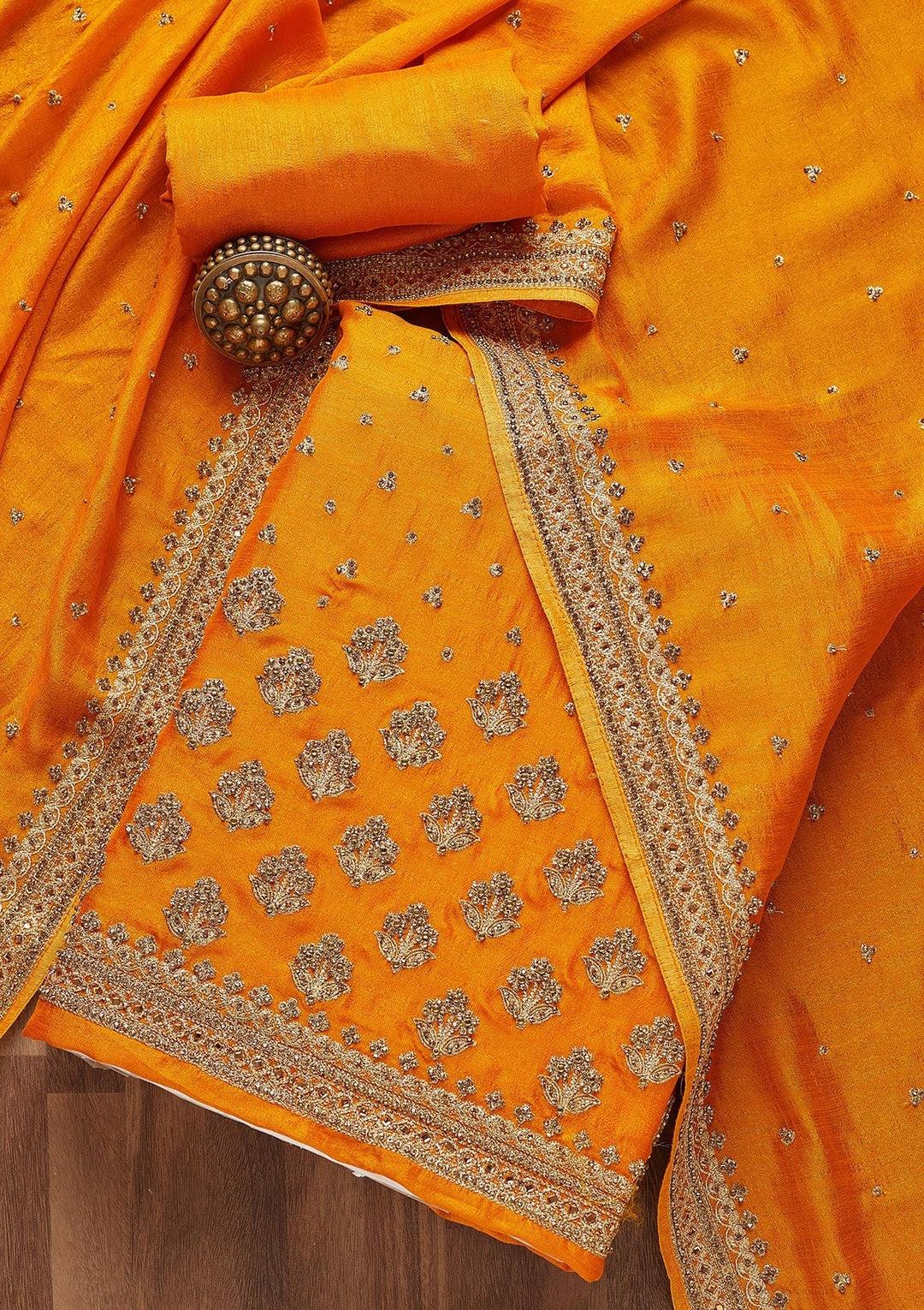 Mustard Stonework Georgette Unstitched Salwar Suit- Koskii