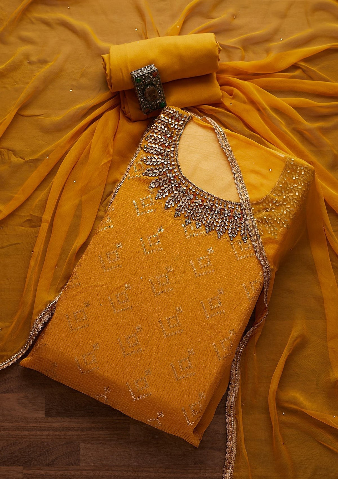 Mustard Stonework Georgette Designer Unstitched Salwar Suit - Koskii