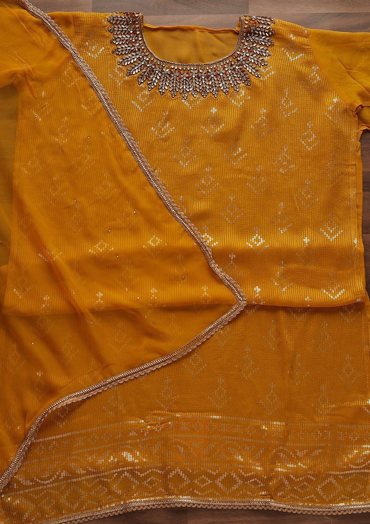 Mustard Stonework Georgette Designer Unstitched Salwar Suit - Koskii