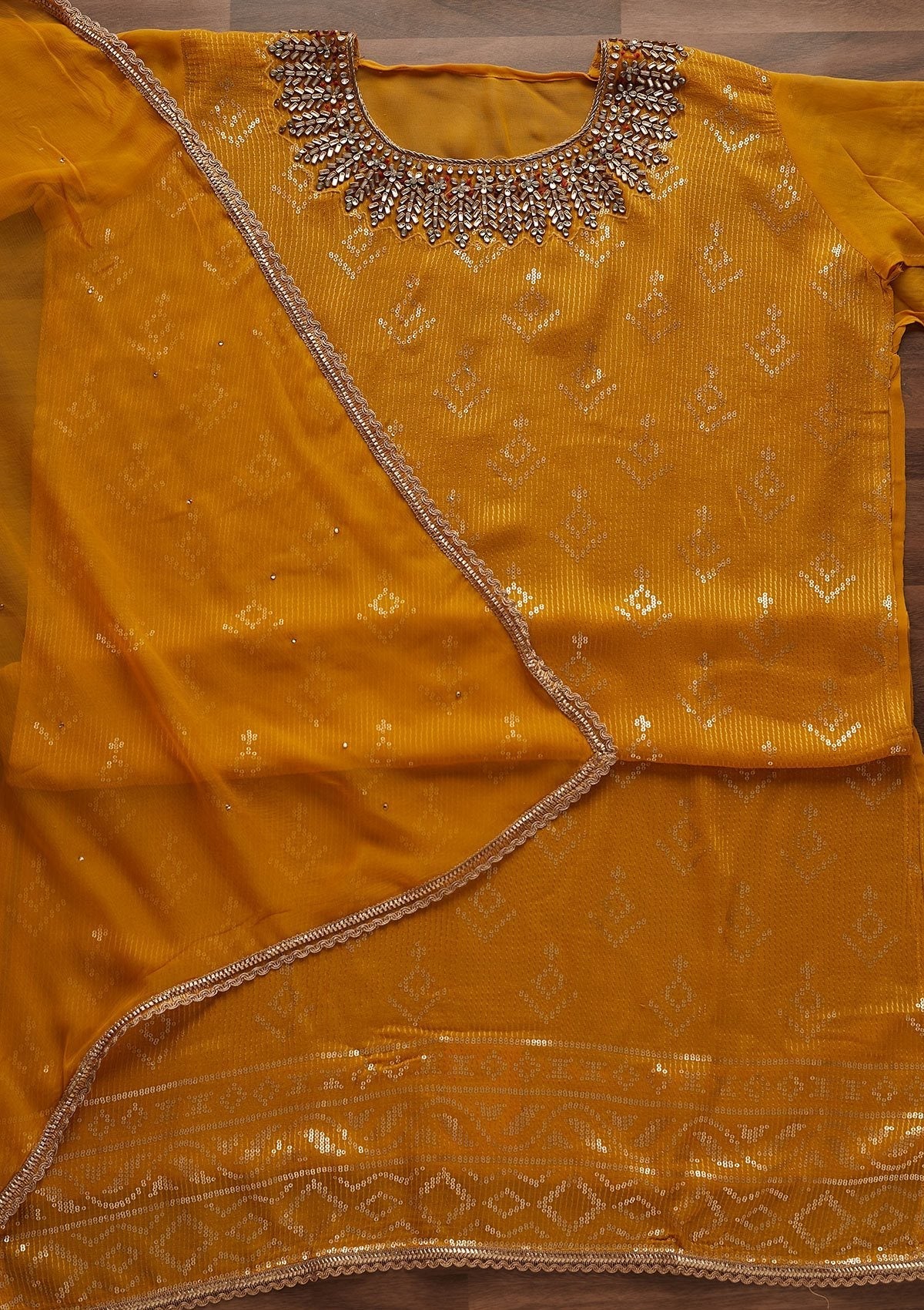 Mustard Stonework Georgette Designer Unstitched Salwar Suit - Koskii