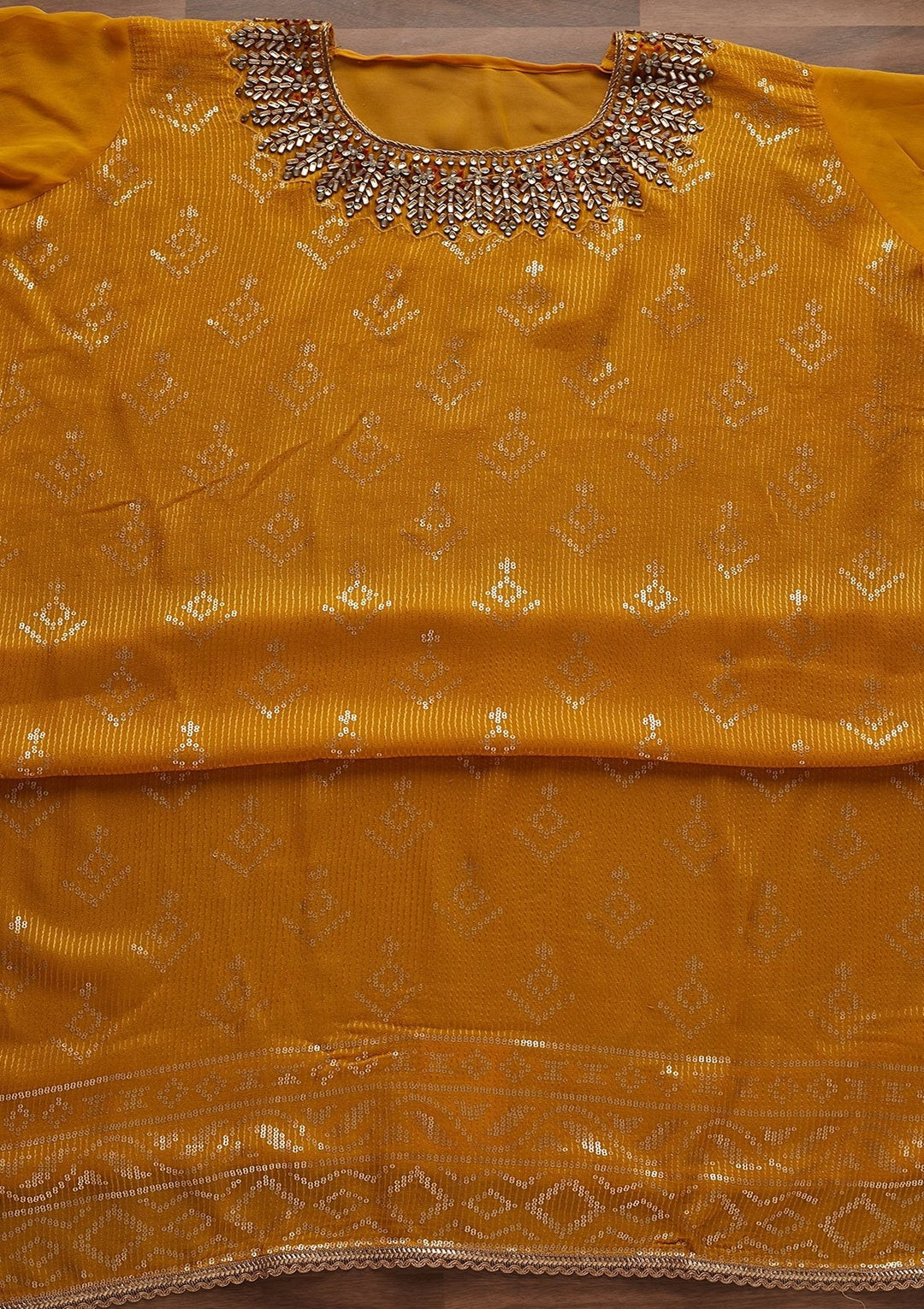 Mustard Stonework Georgette Designer Unstitched Salwar Suit - Koskii