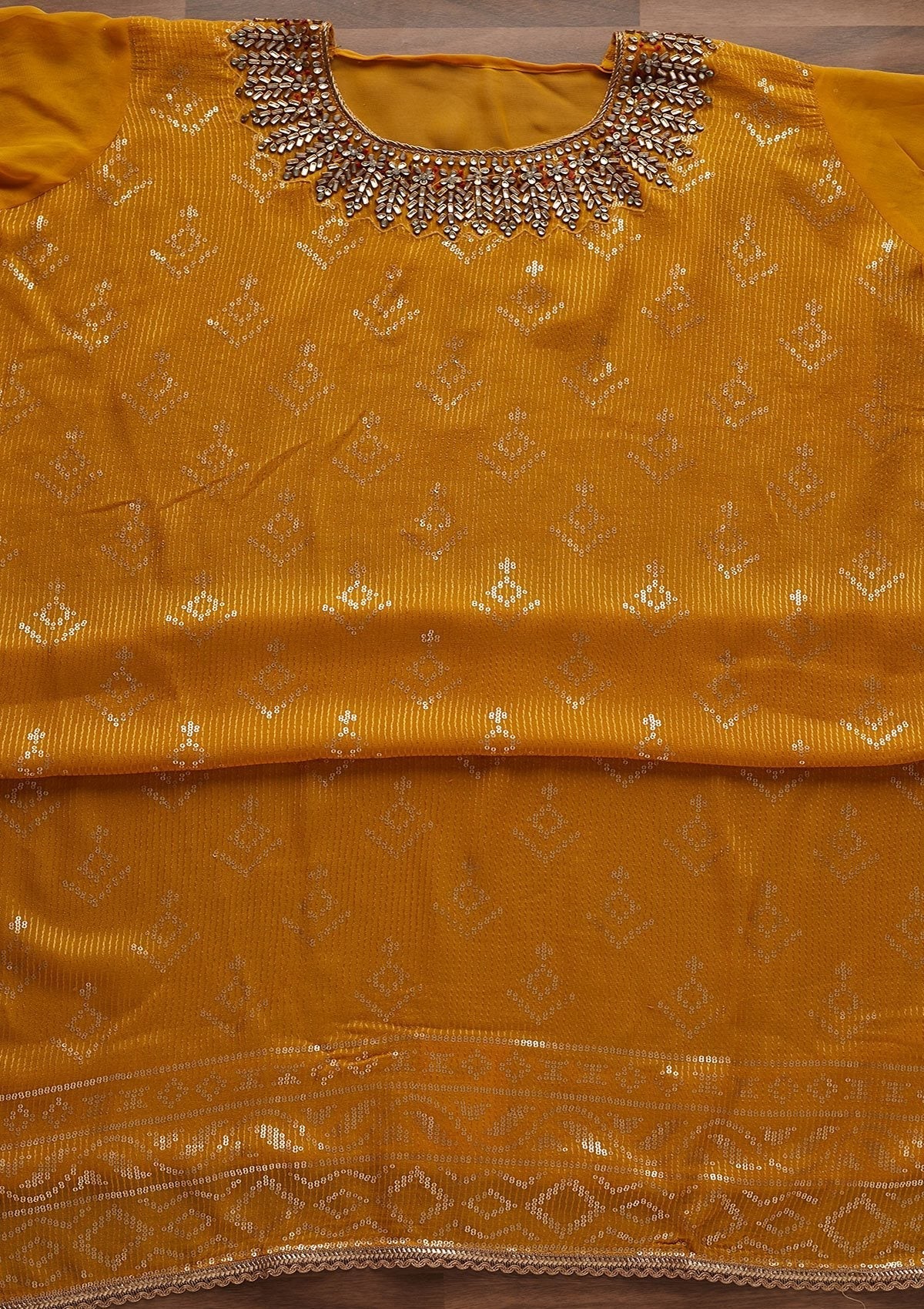 Mustard Stonework Georgette Designer Unstitched Salwar Suit - Koskii