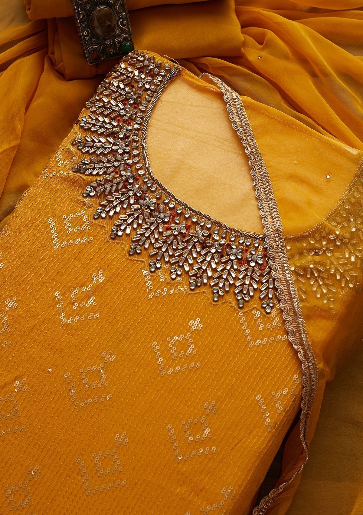 Mustard Stonework Georgette Designer Unstitched Salwar Suit - Koskii