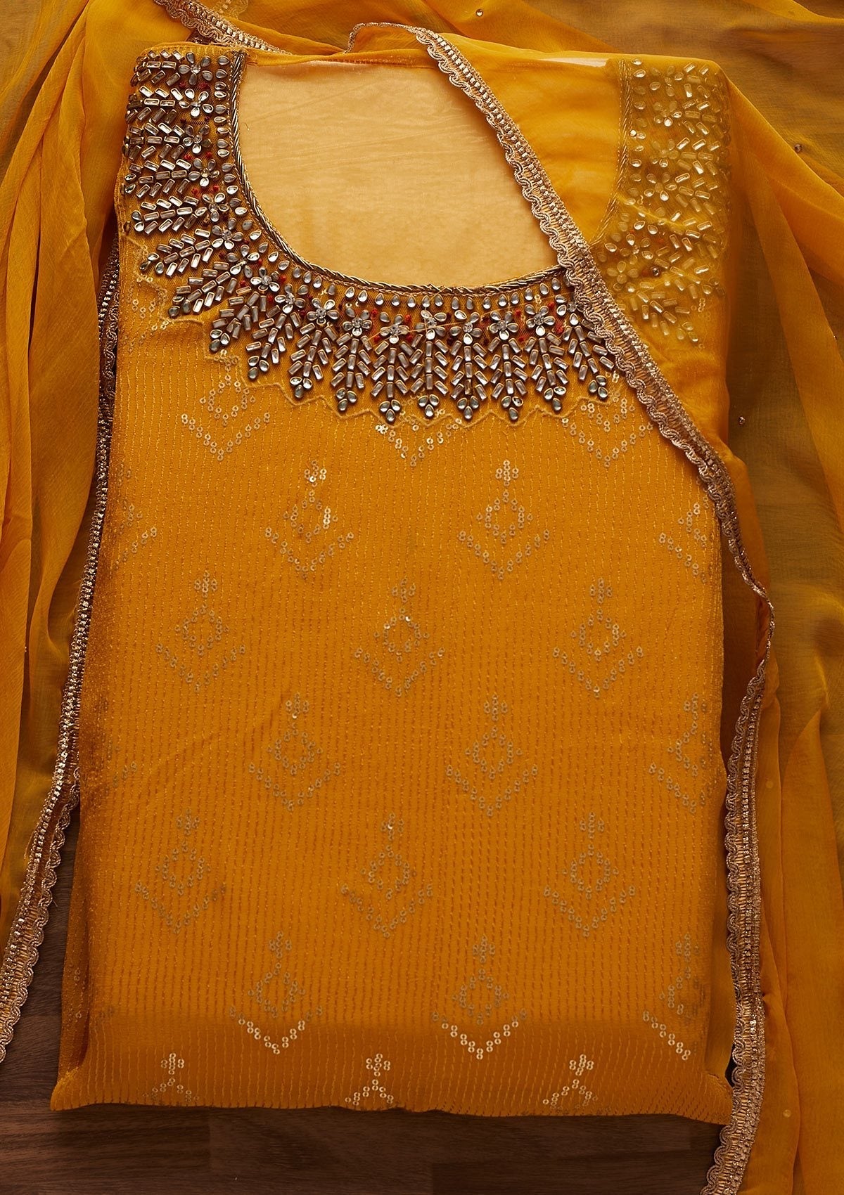 Mustard Stonework Georgette Designer Unstitched Salwar Suit - Koskii