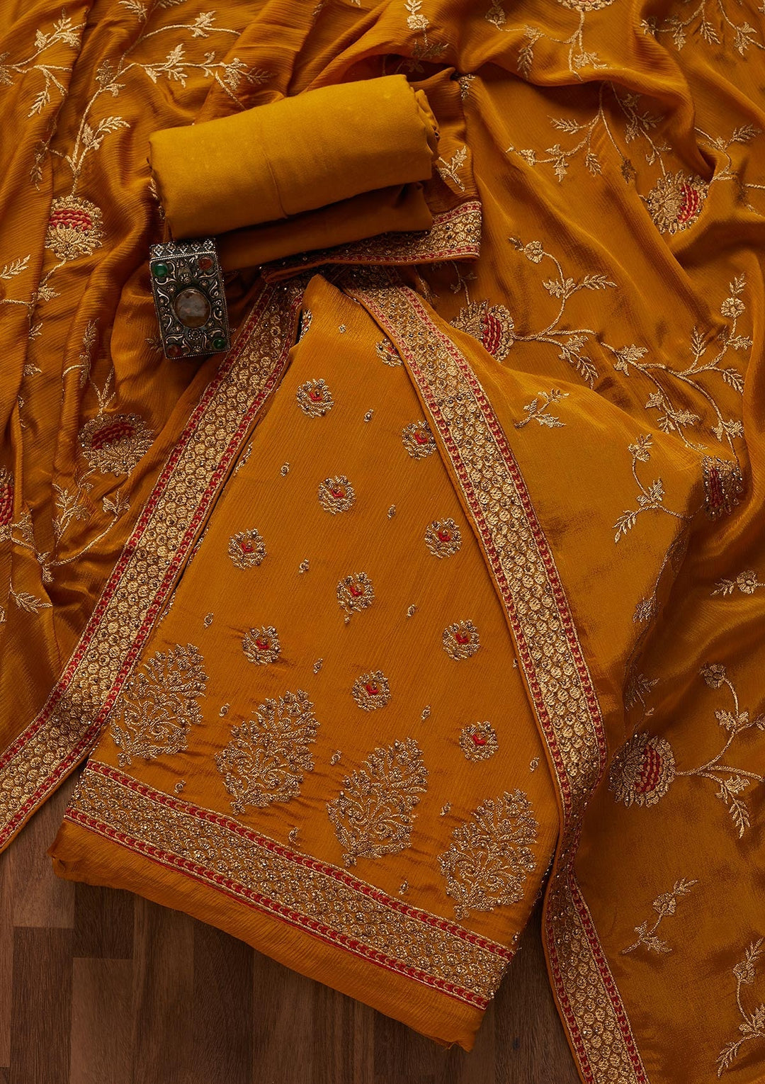 Mustard Stonework Georgette Designer Unstitched Salwar Suit - Koskii